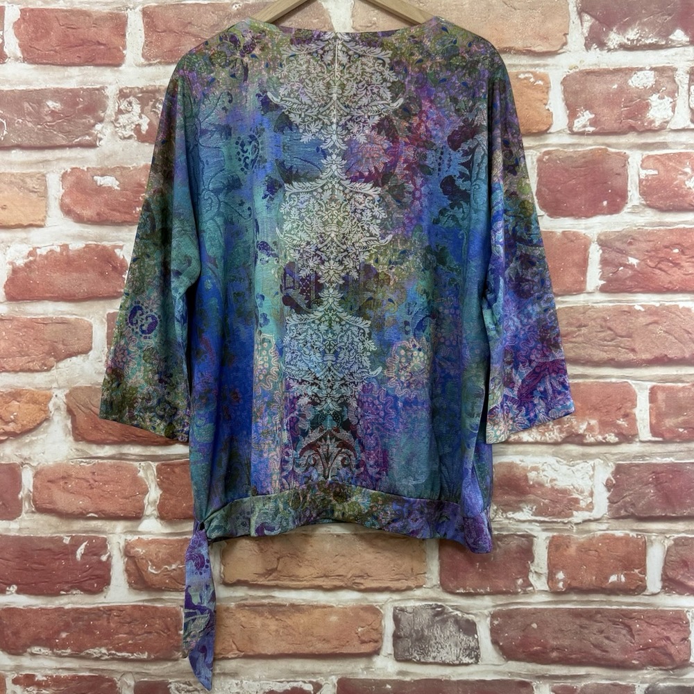 Chicos Top Women's XL Multicolor Boho Floral Abstract Tie Bottom Casual Shirt - Picture 4 of 8